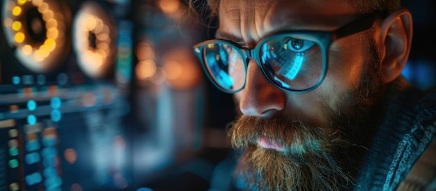 Man With Glasses Analyzing Computer Screen