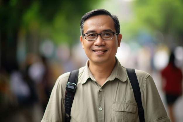 a man with glasses and a backpack is smiling