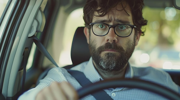 A man with glasses and a beard drives a car The man looks focused and thoughtful