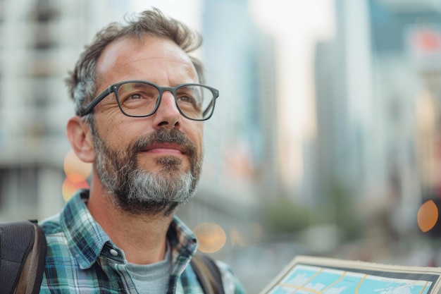 A man with glasses and a beard is looking at something in the distance He is wearing a plaid shirt and has a backpack on his shoulder The background is blurry