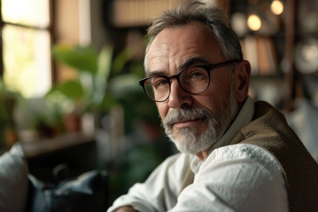 Man with glasses and beard is sitting on couch