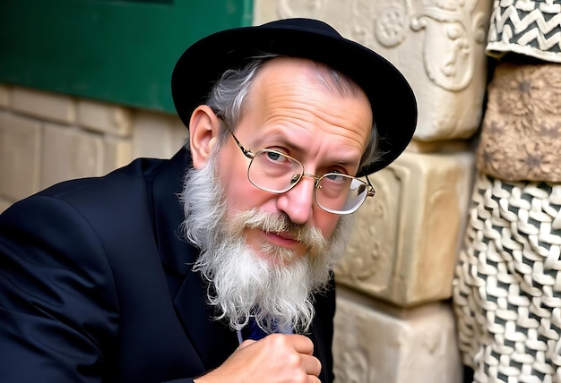 Photo a man with glasses and a beard is standing in front of a stone wall