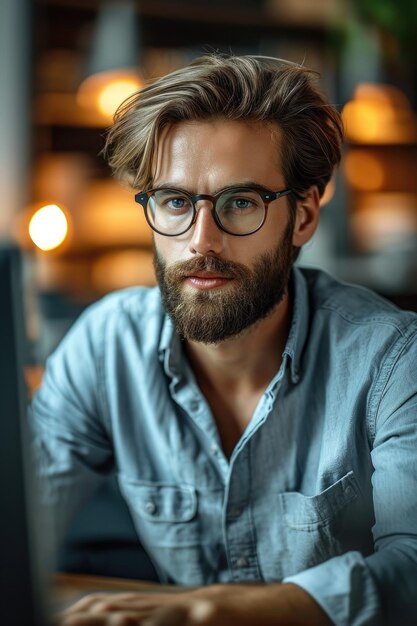 man with glasses and beard is working at computer