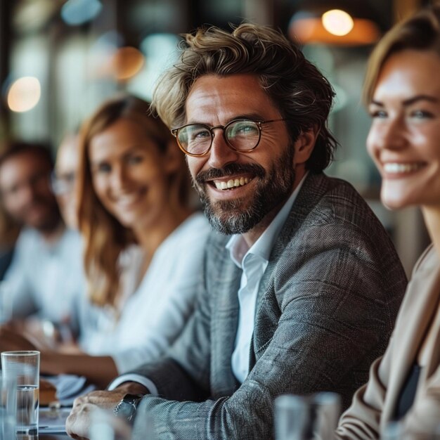 Photo a man with glasses and a beard sits at a table with other people