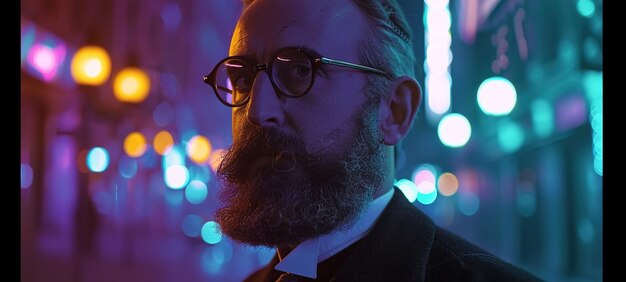 Photo a man with glasses and a beard stands in front of a colorful lights in the background