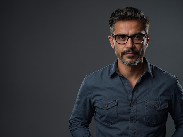 Photo a man with glasses and a beard stands in front of a gray background