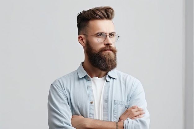 A man with glasses and a beard stands with his arms crossed.