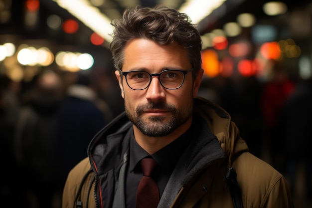 a man with glasses and a beard in a subway station