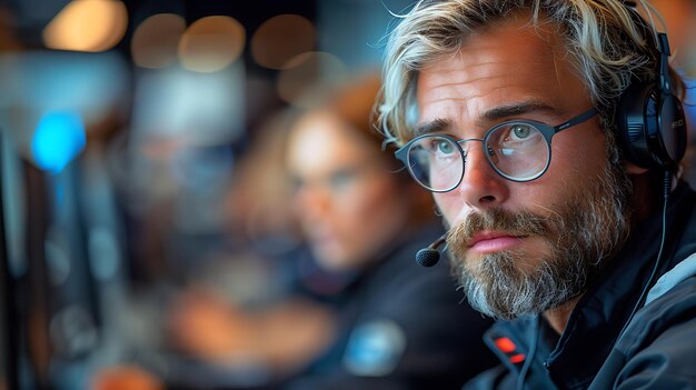 Photo a man with glasses and a beard wearing a microphone