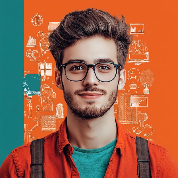 Photo a man with glasses and a beard wearing a red shirt with a blue shirt and glasses