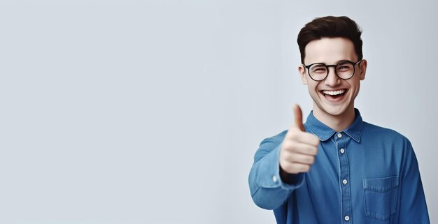 a man with glasses and a blue shirt is giving a thumbs up