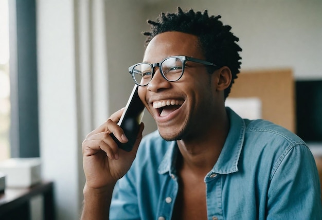 a man with glasses on and a blue shirt is smiling and talking on a phone