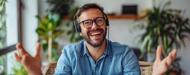 a man with glasses and a blue shirt is smiling and wearing headphones