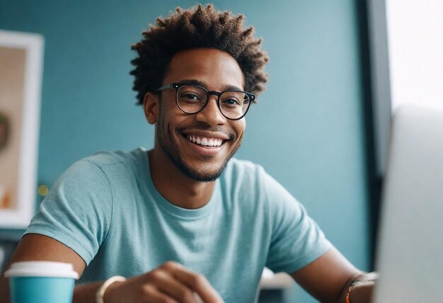 a man with glasses and a blue shirt is smiling