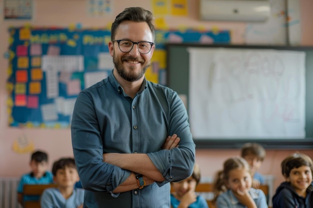 a man with glasses and a blue shirt stands in front of a classroom with students and a board with the word  no  on it