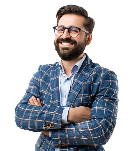 a man with glasses and a blue shirt that says quot he is smiling quot