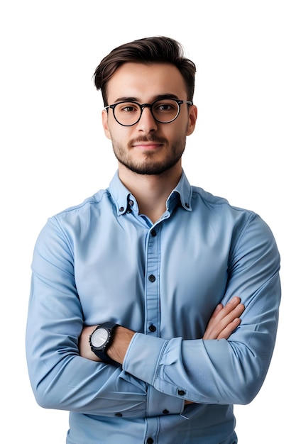 a man with glasses and a blue shirt with a black watch on his left arm