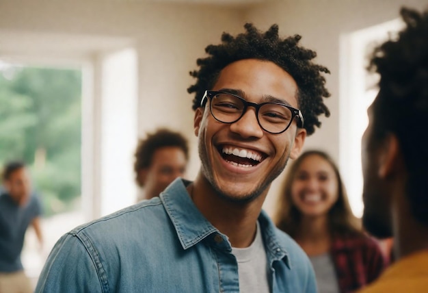 a man with glasses and a blue shirt with a smile that says quot hes smiling quot