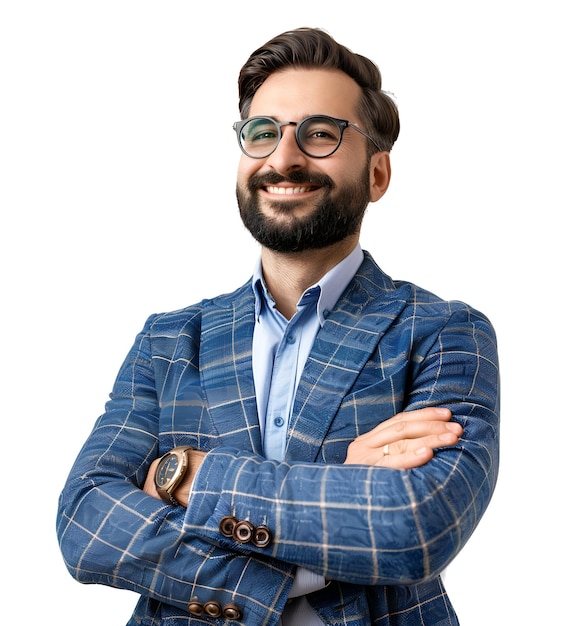 a man with glasses and a blue shirt with a watch on his left arm