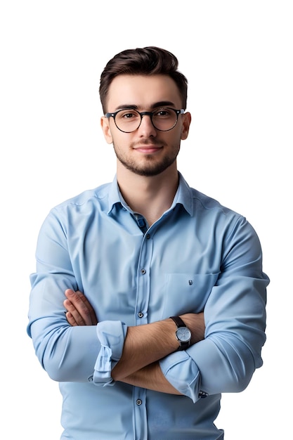 a man with glasses and a blue shirt with a watch on his left arm