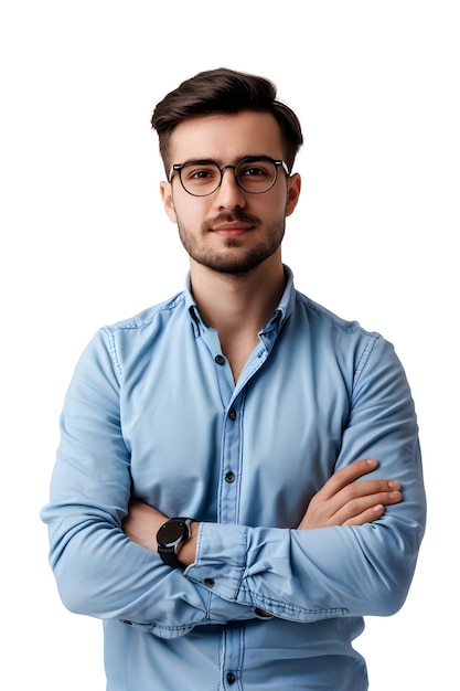 a man with glasses and a blue shirt with a watch on his left arm