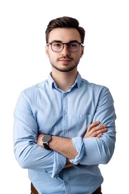 a man with glasses and a blue shirt with a watch on his left arm