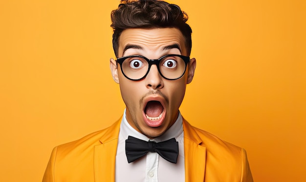 A man with glasses and a bow tie making a surprised face