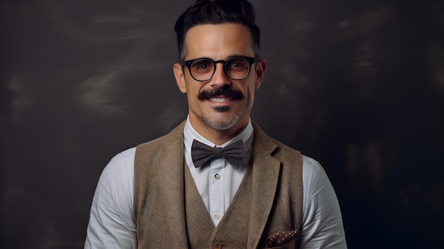 A man with glasses and a bow tie stands in front of a dark background.