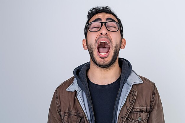 Photo a man with glasses and a brown jacket is wearing a jacket with the word on it