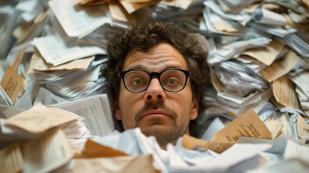 Photo man with glasses buried under a pile of papers looking overwhelmed and stressed