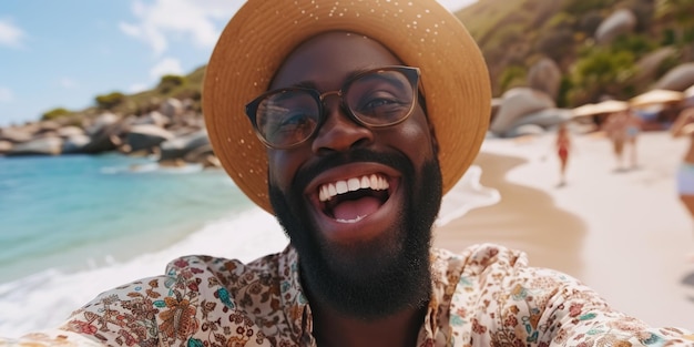 A man with glasses and a hat is smiling at the camera