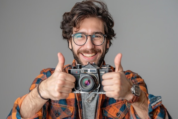 Photo a man with glasses holding a camera that says  thumbs up