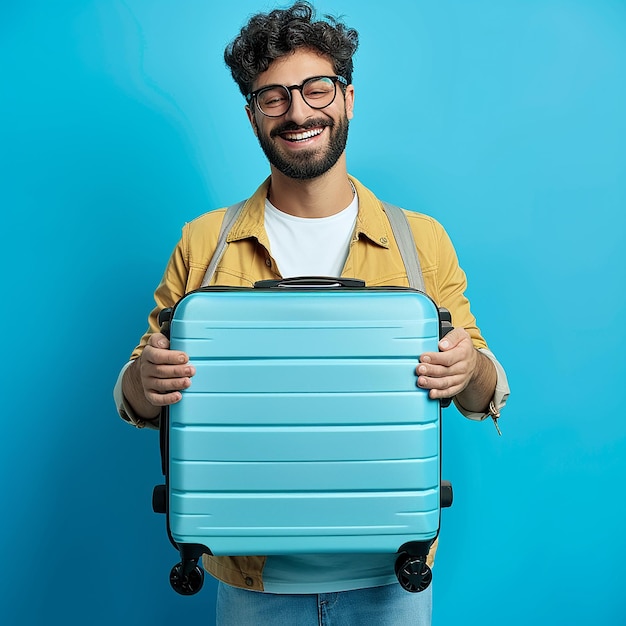 a man with glasses holding a suitcase that says quot he is holding it quot