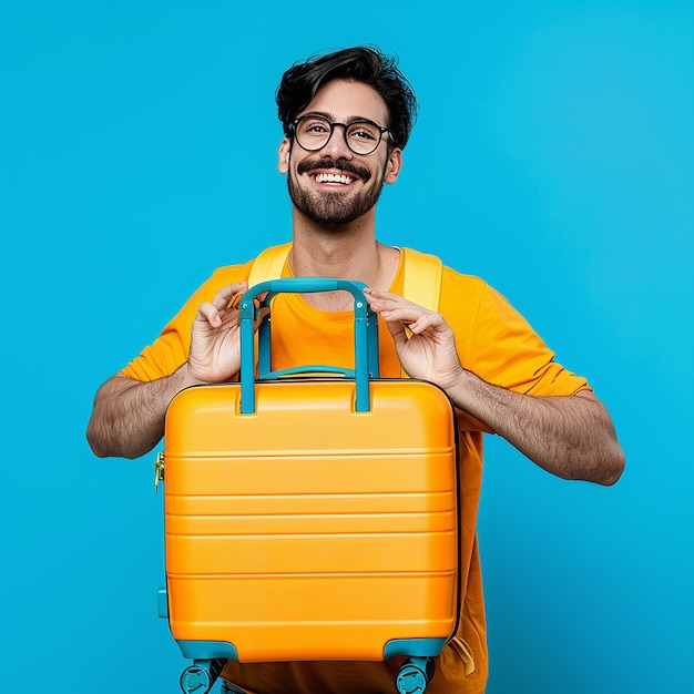 a man with glasses holding a suitcase that says quot hes holding a handle quot