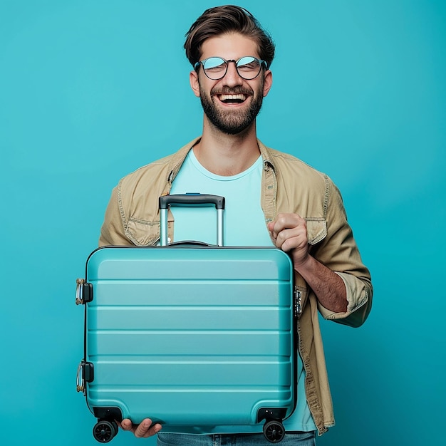 a man with glasses holding a suitcase that says quot hes holding it quot