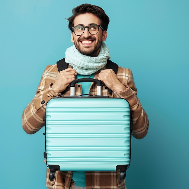 a man with glasses holding a suitcase that says quot the word quot on it