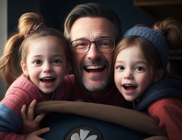 a man with glasses holding two children and a man with a sign that says dont know what it is