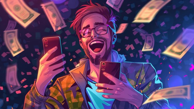 Photo a man with glasses is holding a phone and money falling out of his mouth