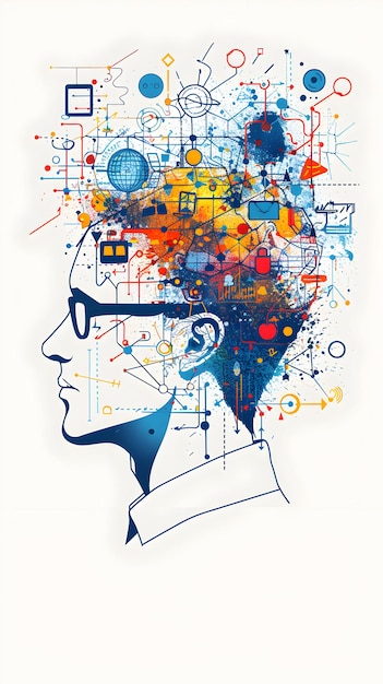 a man with glasses is looking at a digital illustration of a man with the words  brain  on it