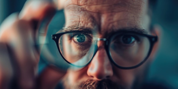 A man with glasses is looking through a magnifying glass