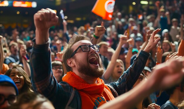 Photo a man with glasses is singing in a crowd of people