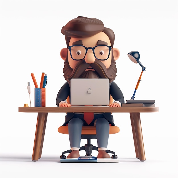 a man with glasses is sitting at a desk with a laptop