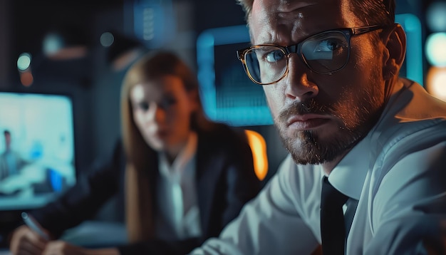 Photo a man with glasses is sitting at a desk with a woman behind him