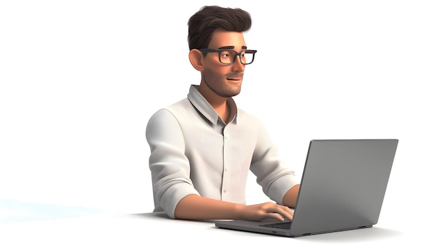 a man with glasses is sitting in front of a laptop