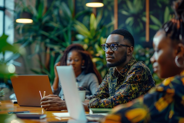 a man with glasses is sitting at a table with a laptop and a woman in a shirt that says quot no quot