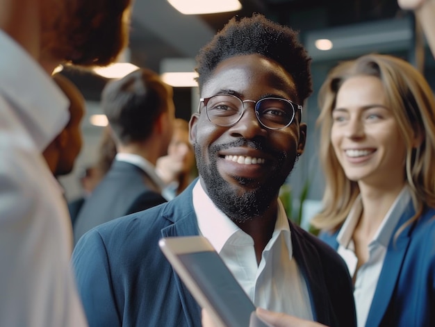 Photo a man with glasses is smiling and holding a cell phone