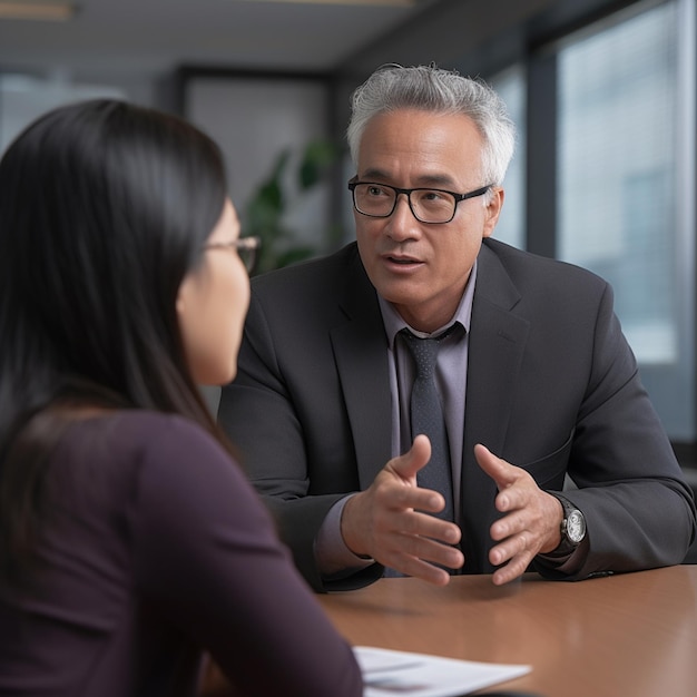 A man with glasses is talking to a woman in a meeting.