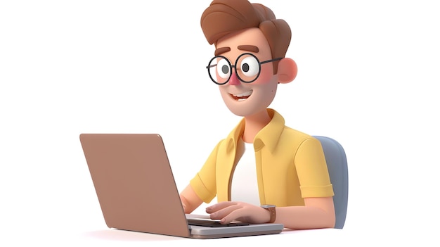 a man with glasses is using a laptop and a cartoon face