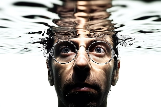 A man with glasses is under water and the words " the word " on the bottom of the head "