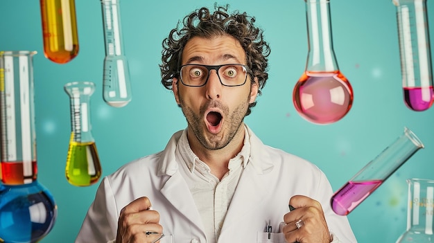 Photo a man with glasses is wearing a lab coat and has a mouth open and has a large beaker in the middle